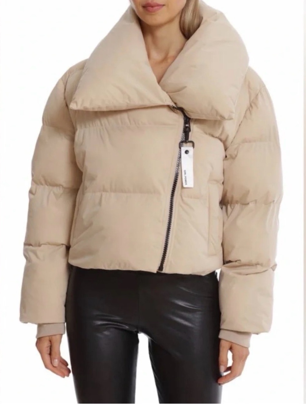 Avec Les Filles Neutral Beige Cropped Puffer Jacket with Oversized Collar